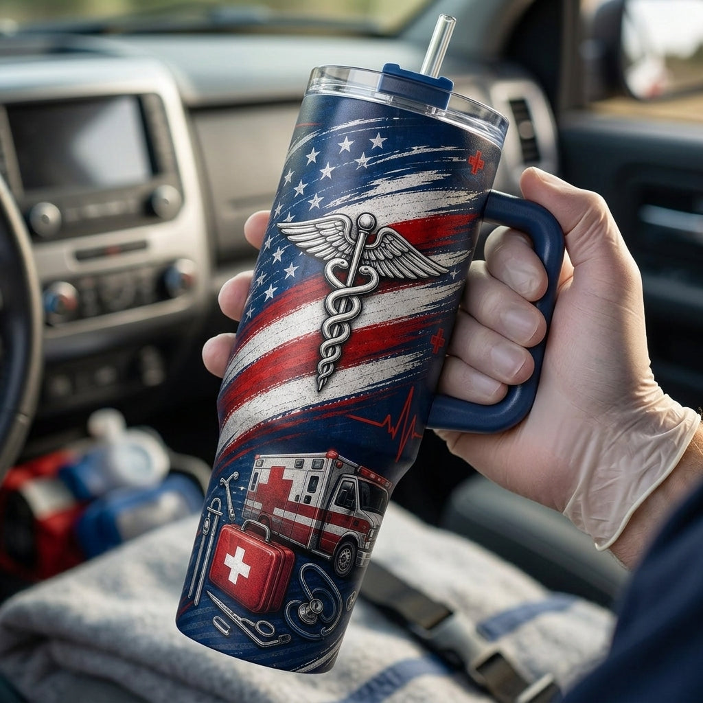 Personalized EMT Crew 40oz Tumbler with Handle - Steady Hands Strong Heart Custom Name Gift for Paramedics
