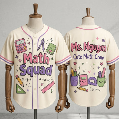 Personalized Math Squad Baseball Jersey - Custom Name Cute Math Crew Teacher Gift - Pastel Academic Theme Sporty Academic Jersey