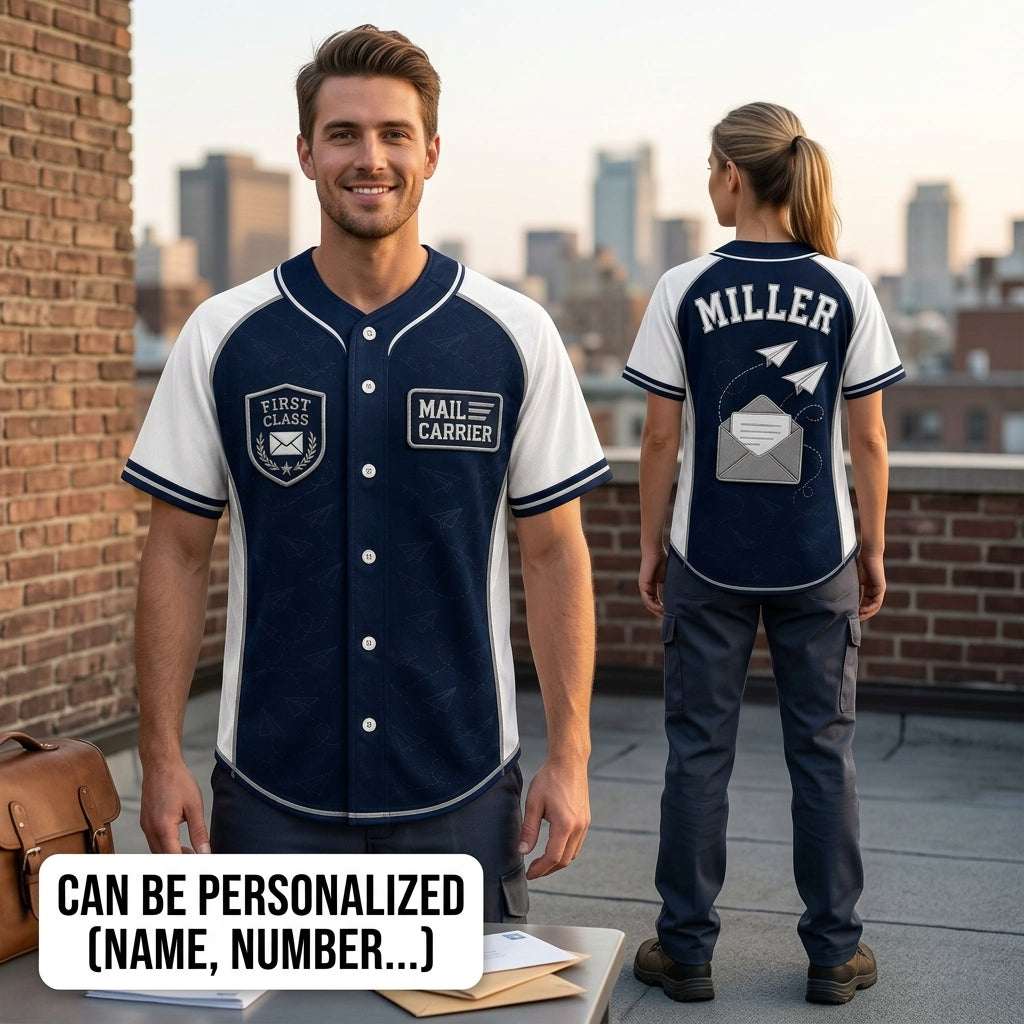 Personalized Mail Carrier Baseball Jersey - Custom Name First Class Postal Worker Gift - Navy Sporty Athleisure