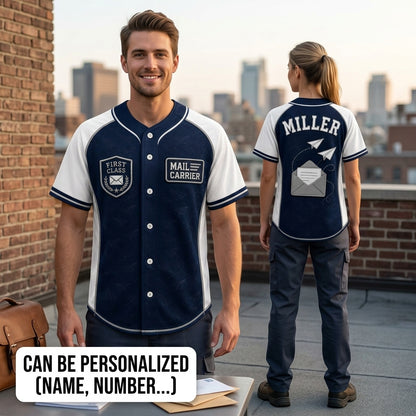 Personalized Mail Carrier Baseball Jersey - Custom Name First Class Postal Worker Gift - Navy Sporty Athleisure