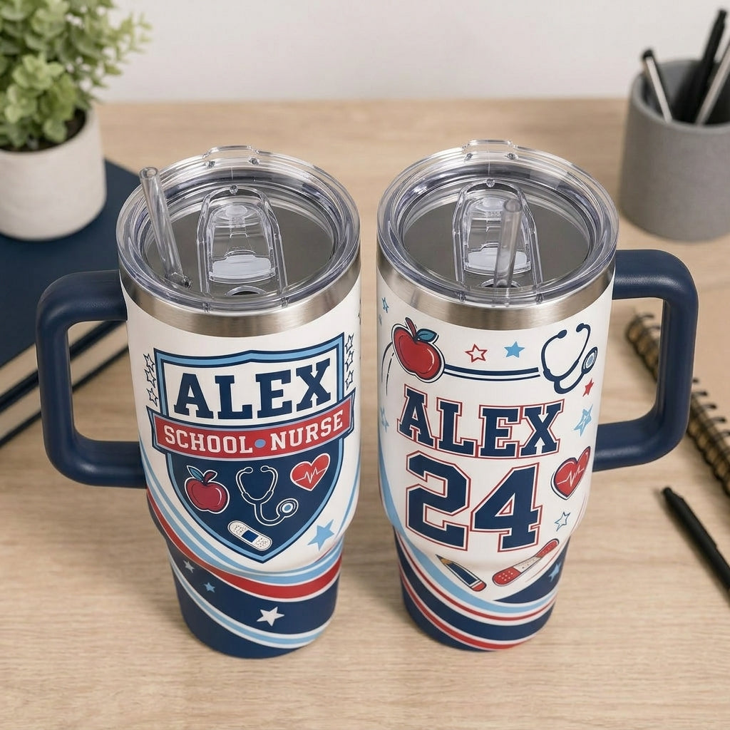 Personalized School Nurse 40oz Tumbler with Handle - Custom Name and Year Gift