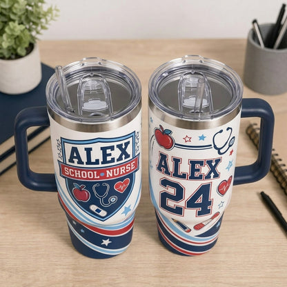 Personalized School Nurse 40oz Tumbler with Handle - Custom Name and Year Gift