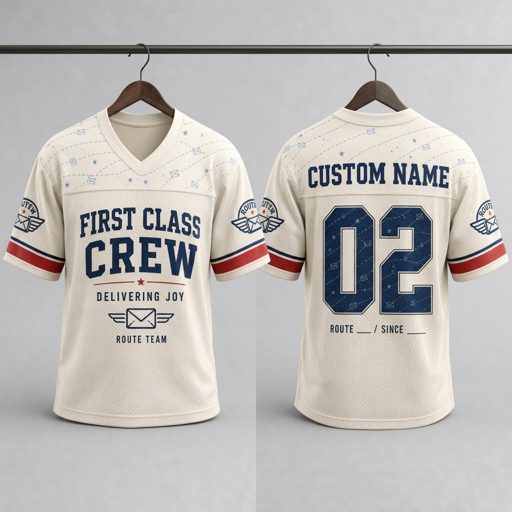 Personalized First Class Crew Postal Worker Football Jersey - Custom Name and Route Mail Carrier Gift