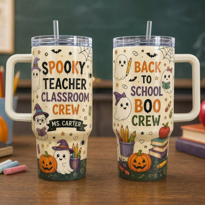 Personalized Spooky Teacher Classroom Crew 40oz Tumbler with Handle, Custom Name Halloween Boo Crew Gift