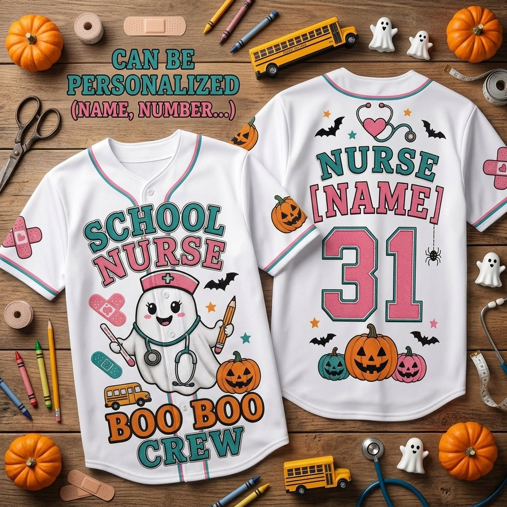 Personalized School Nurse Halloween Baseball Jersey - Custom Boo Boo Crew Ghost Medical Outfit Gift