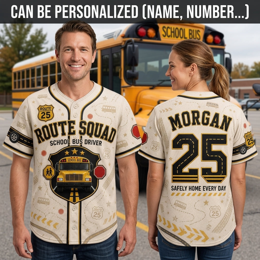 Personalized School Bus Driver Baseball Jersey - Custom Name and Number Route Squad Gift