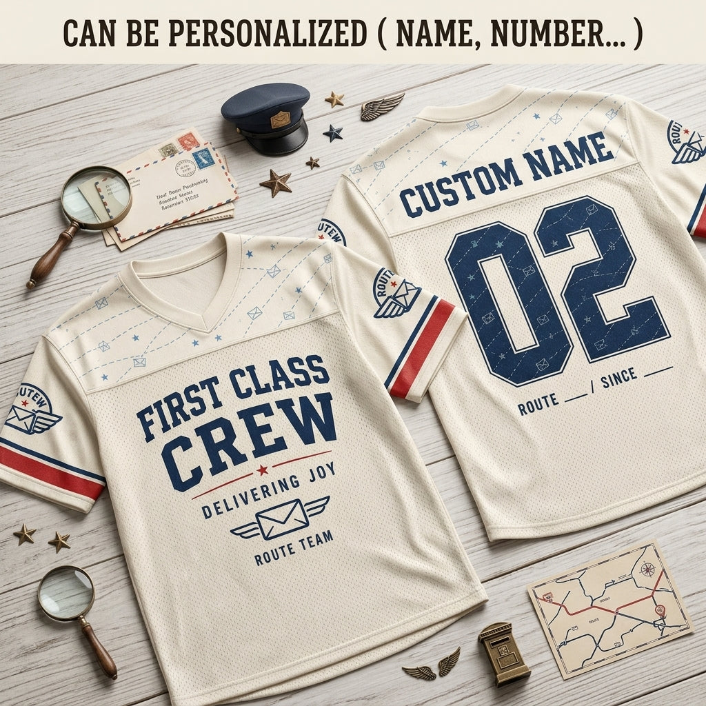 Personalized First Class Crew Postal Worker Football Jersey - Custom Name and Route Mail Carrier Gift