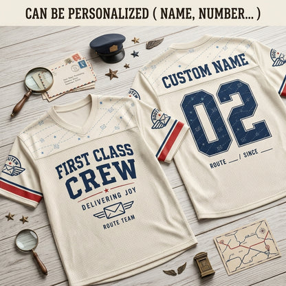 Personalized First Class Crew Postal Worker Football Jersey - Custom Name and Route Mail Carrier Gift