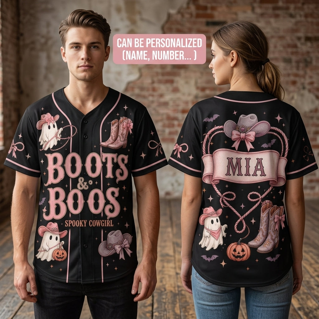 Personalized Boots & Boos Spooky Cowgirl Halloween Baseball Jersey - Custom Name Pink Ghost Western Shirt