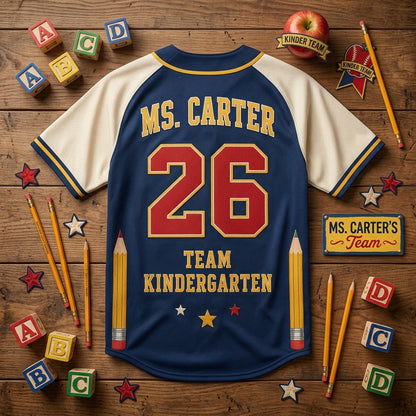 Personalized Kindergarten Teacher Baseball Jersey - Custom Name Kinder Crew School Spirit Apparel