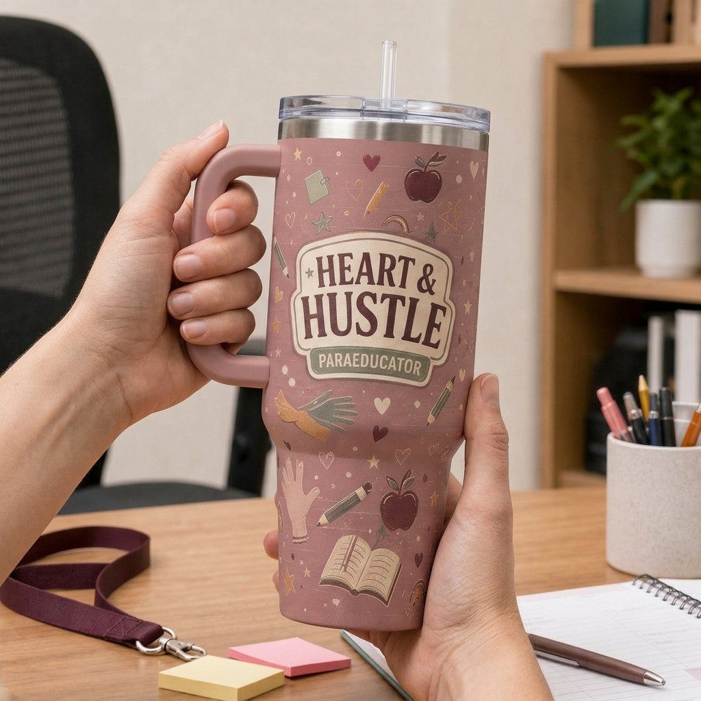 Personalized Heart & Hustle Paraeducator 40oz Tumbler with Handle, Custom Teacher Appreciation Gift