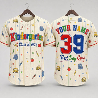 Personalized Kindergarten Class of 2039 Baseball Jersey - Custom Name First Day Crew School Shirt