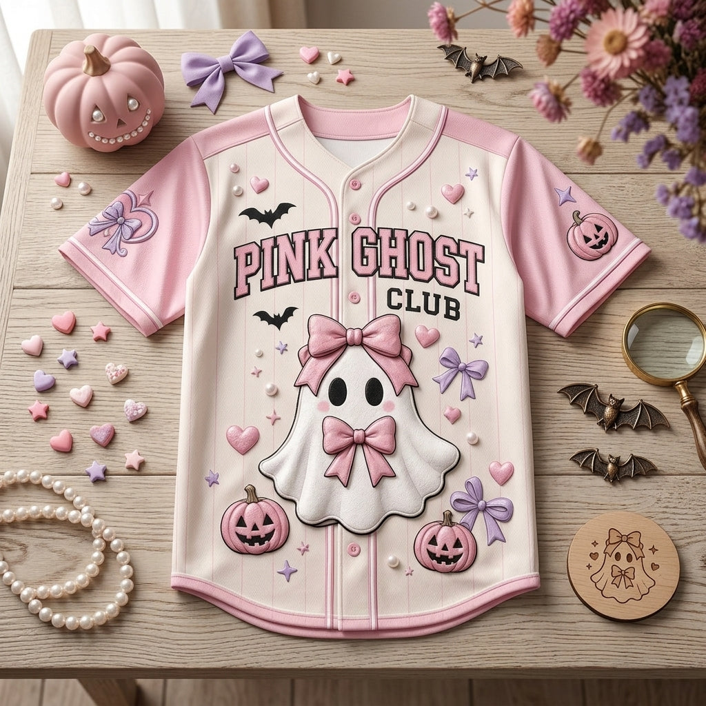 Personalized Pink Ghost Club Baseball Jersey - Custom Name and Number Kawaii Coquette Halloween Outfit product view 4