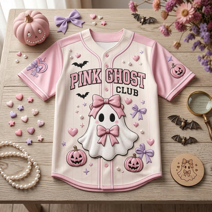 Personalized Pink Ghost Club Baseball Jersey - Custom Name and Number Kawaii Coquette Halloween Outfit product view 4