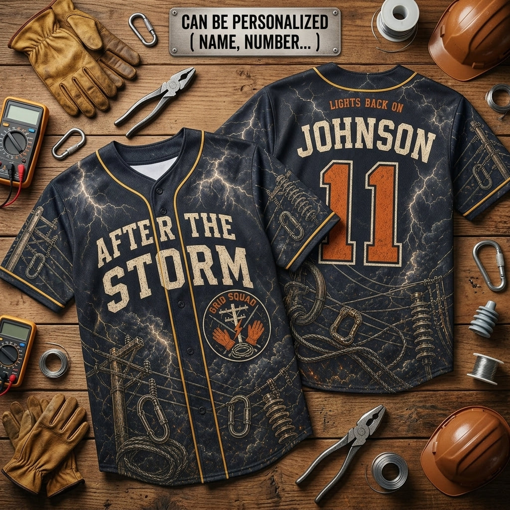 Personalized Lineman After The Storm Baseball Jersey - Custom Name & Number Grid Squad Electrical Worker Gift