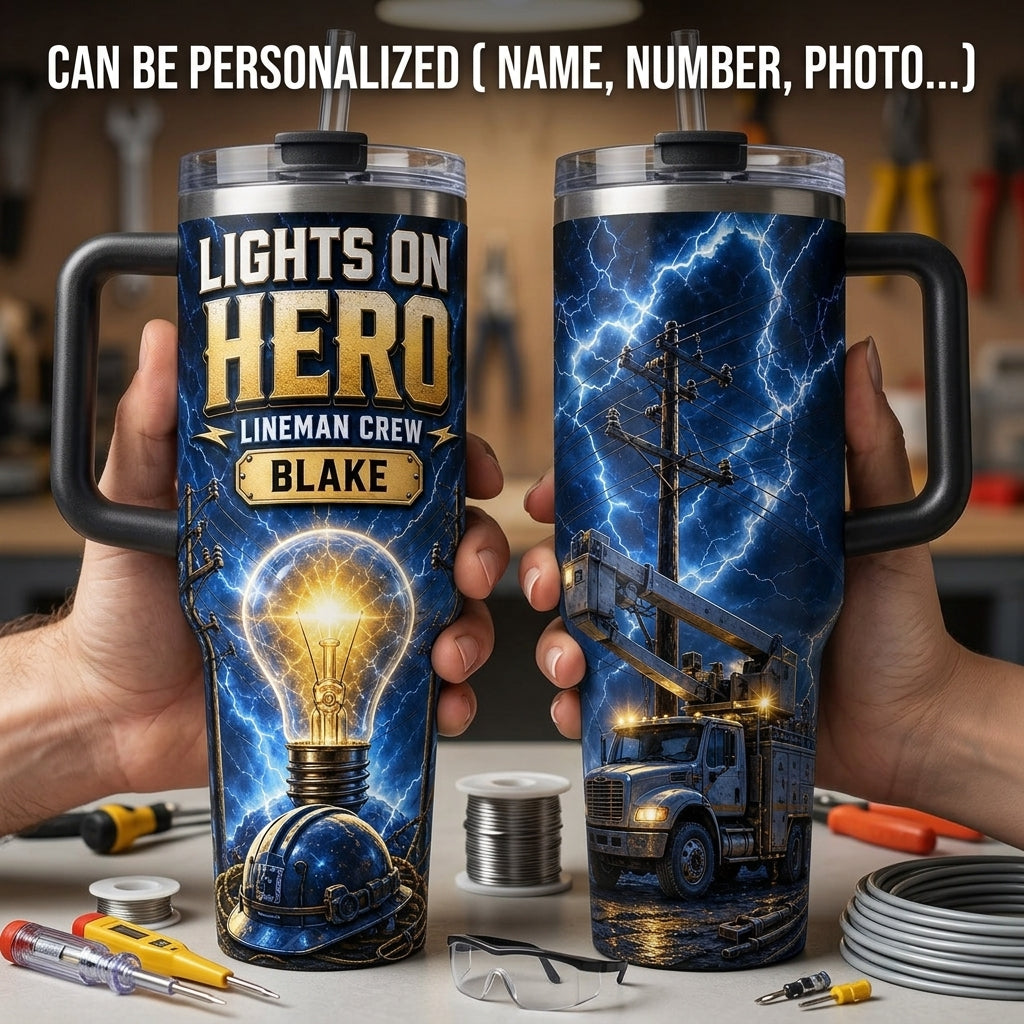 Personalized Lineman Hero 40oz Tumbler with Handle - Custom Name Gift for Electrician & Utility Crew
