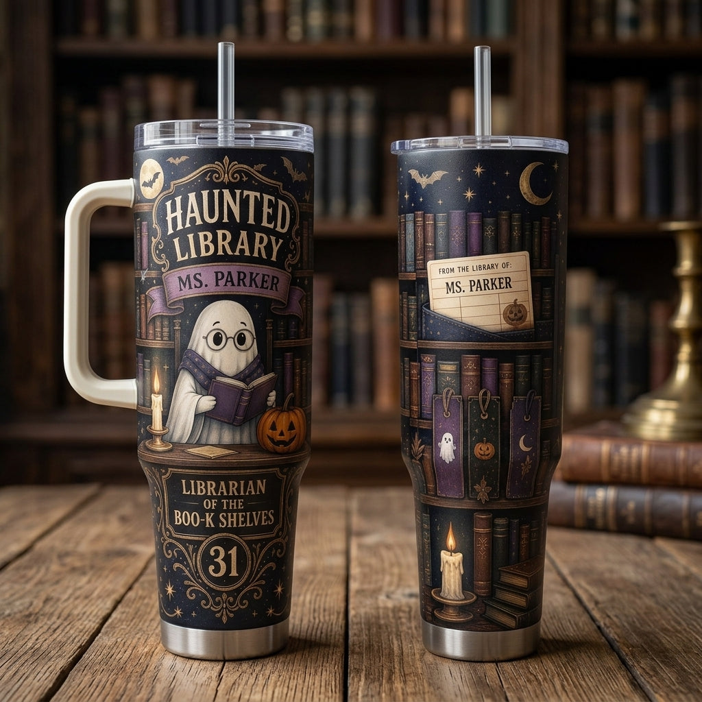 Personalized Haunted Library 40oz Tumbler with Handle, Custom Librarian Book Lover Halloween Gift