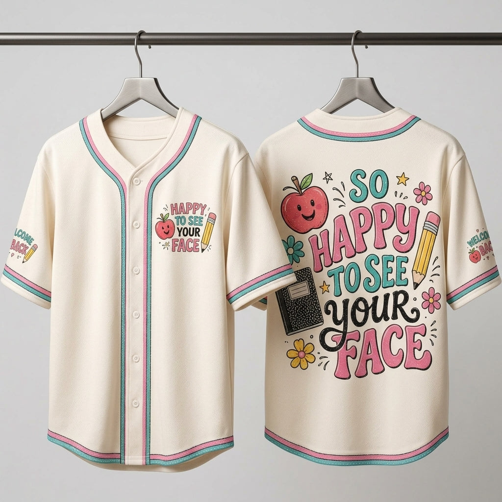 Personalized "So Happy To See Your Face" Teacher Baseball Jersey - Custom Back to School Athleisure Shirt