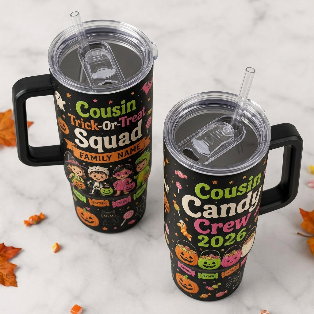 Personalized Cousin Trick-Or-Treat Squad 40oz Tumbler with Handle, Custom Family Name Halloween Gift