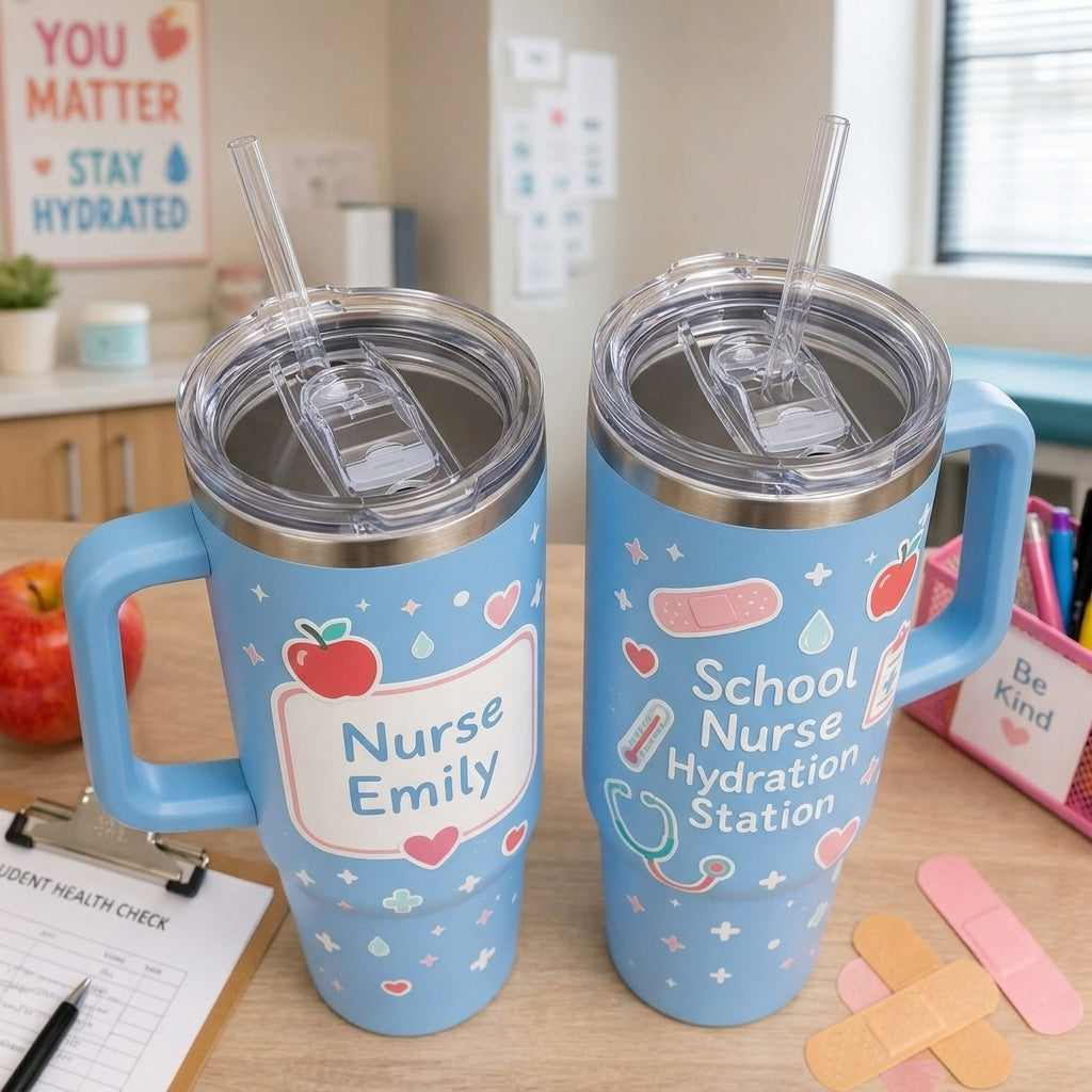 Personalized School Nurse Hydration Station 40oz Tumbler with Handle - Custom Name Blue Nurse Gift