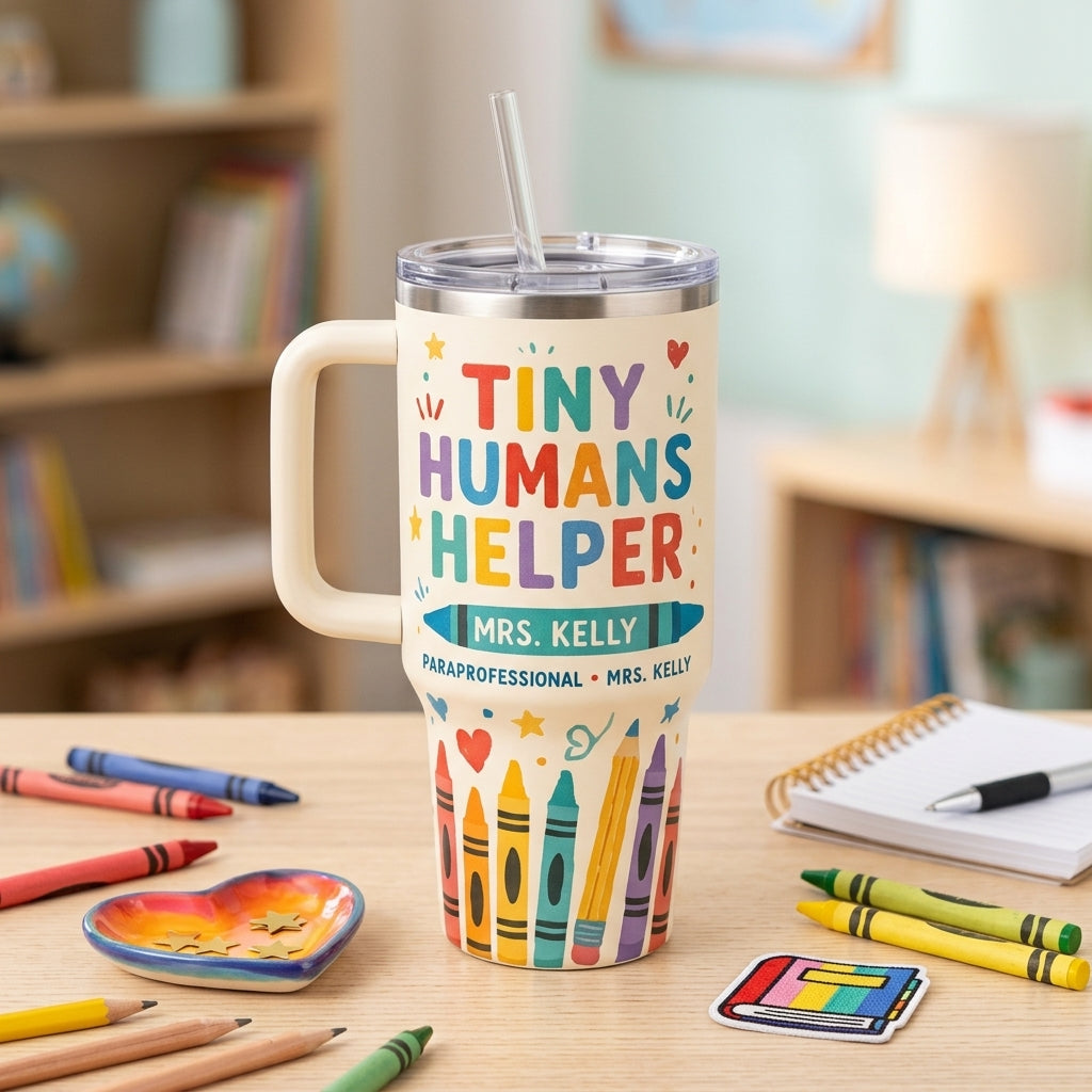 Personalized Tiny Humans Helper 40oz Tumbler with Handle - Custom Name Teacher & Paraprofessional Gift