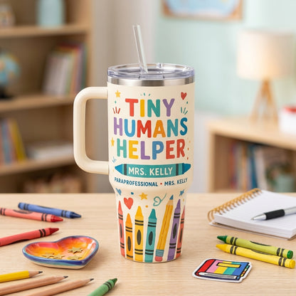 Personalized Tiny Humans Helper 40oz Tumbler with Handle - Custom Name Teacher & Paraprofessional Gift