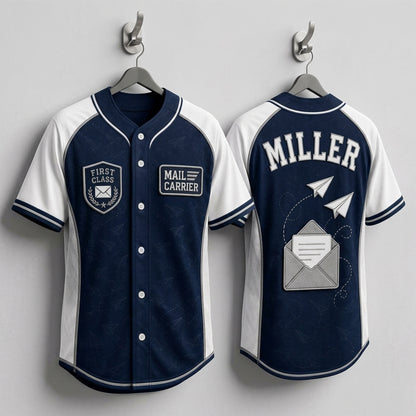 Personalized Mail Carrier Baseball Jersey - Custom Name First Class Postal Worker Gift - Navy Sporty Athleisure