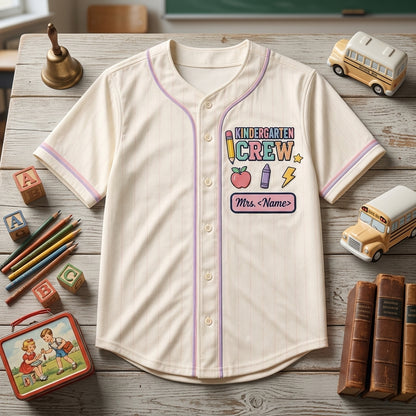 Personalized Kindergarten Crew Baseball Jersey - Custom Teacher Name and Number Back to School Spirit Shirt