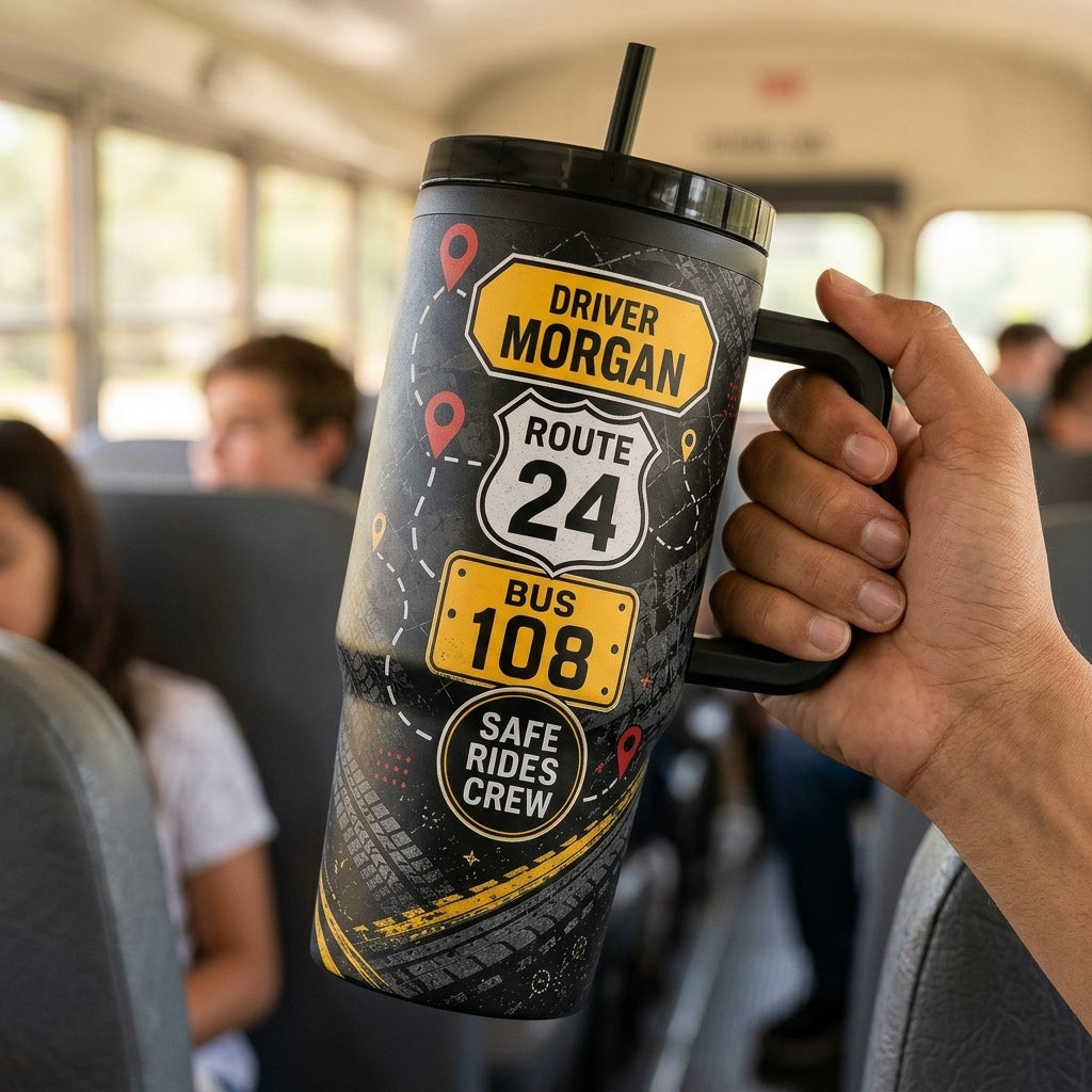 Personalized School Bus Driver 40oz Tumbler with Handle - Custom Route Squad Gift