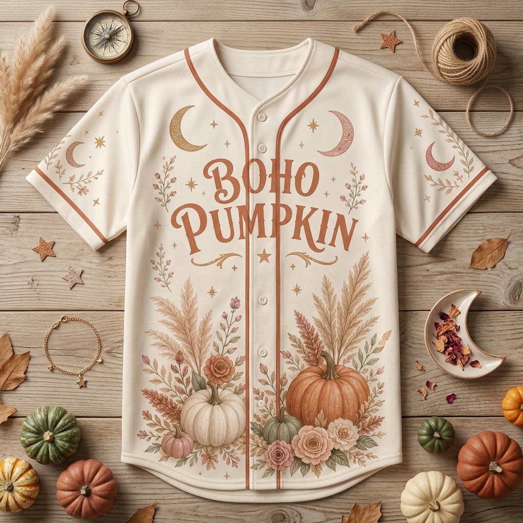 Personalized Boho Pumpkin Baseball Jersey - Custom Name Fall Floral Celestial Aesthetic Jersey Shirt for Women