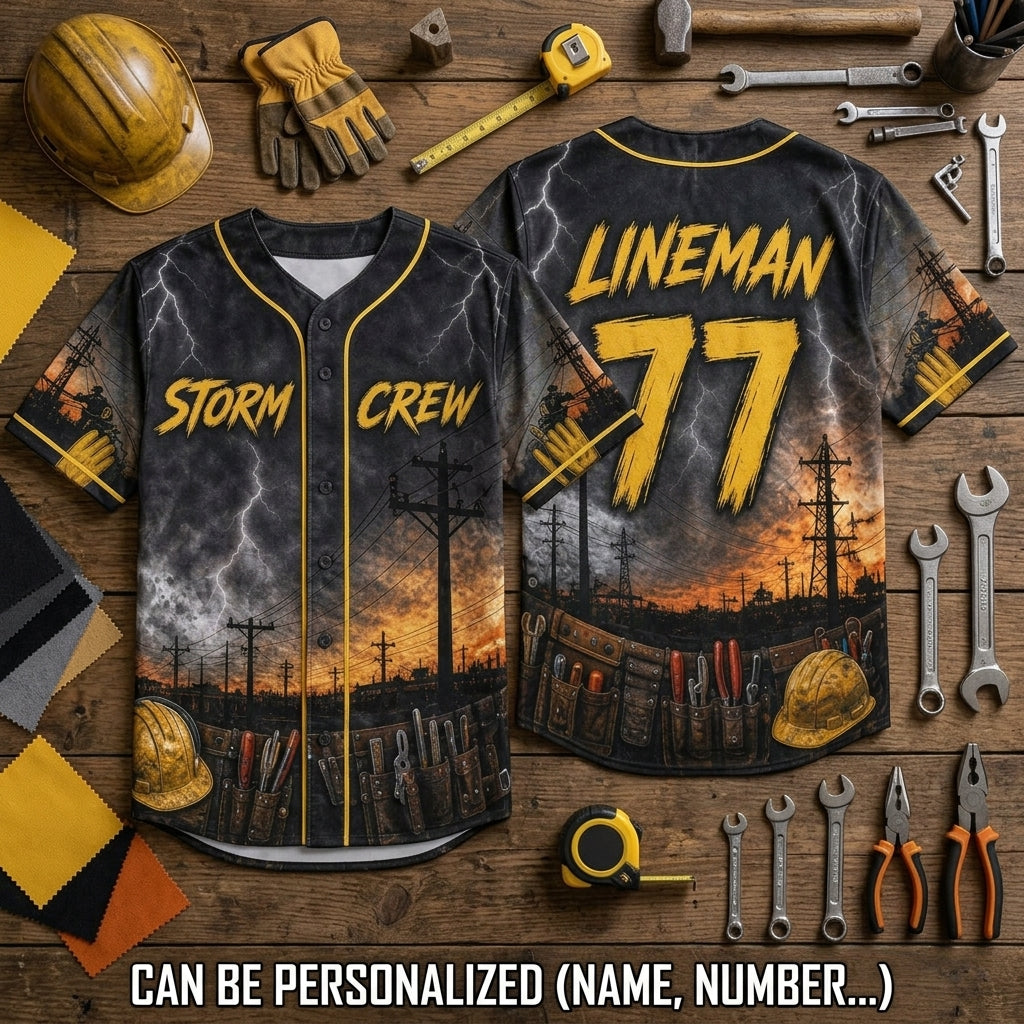 Personalized Lineman Storm Crew Baseball Jersey - Custom Name & Number Utility Worker Full Print Shirt