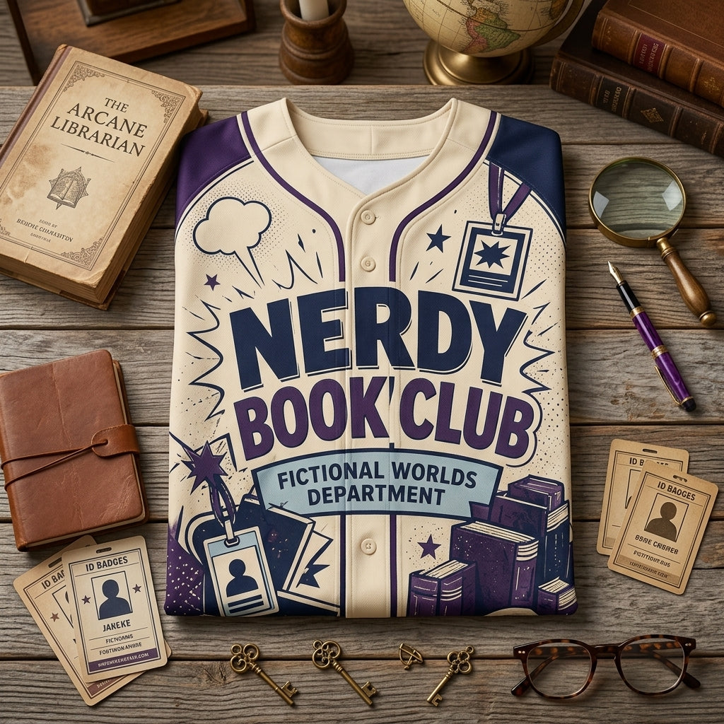 Personalized Nerdy Book Club Baseball Jersey - Custom Name and Number Fictional Worlds Reader Gift