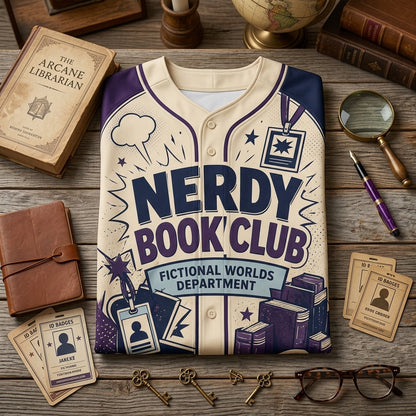 Personalized Nerdy Book Club Baseball Jersey - Custom Name and Number Fictional Worlds Reader Gift