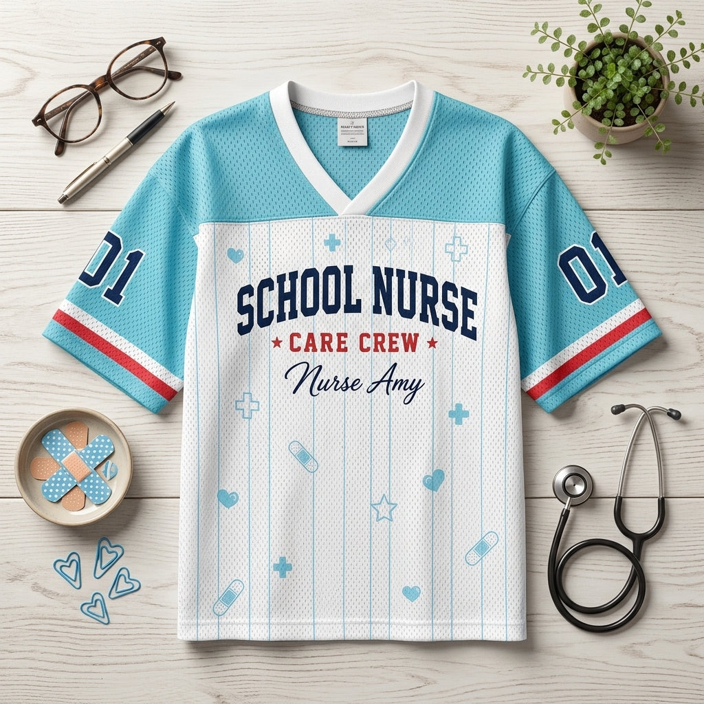 Personalized School Nurse Care Crew Football Jersey - Custom Name & Number Mesh Jersey for Nurses