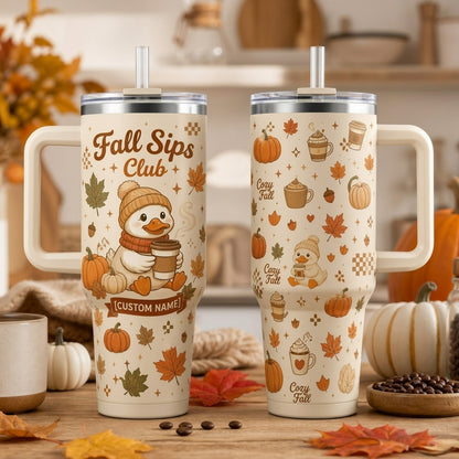 Personalized Fall Sips Club 40oz Tumbler with Handle, Custom Name Cute Duckling Autumn Coffee Cup
