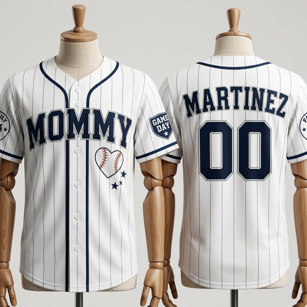 Personalized Mommy Baseball Jersey - Custom Name and Number Pinstripe Jersey for Women, Game Day Family Crew Shirt