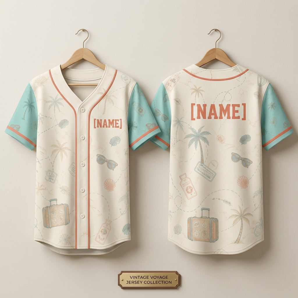 Personalized Vintage Tropical Travel Baseball Jersey - Custom Name Beach Vacation Button Up Shirt