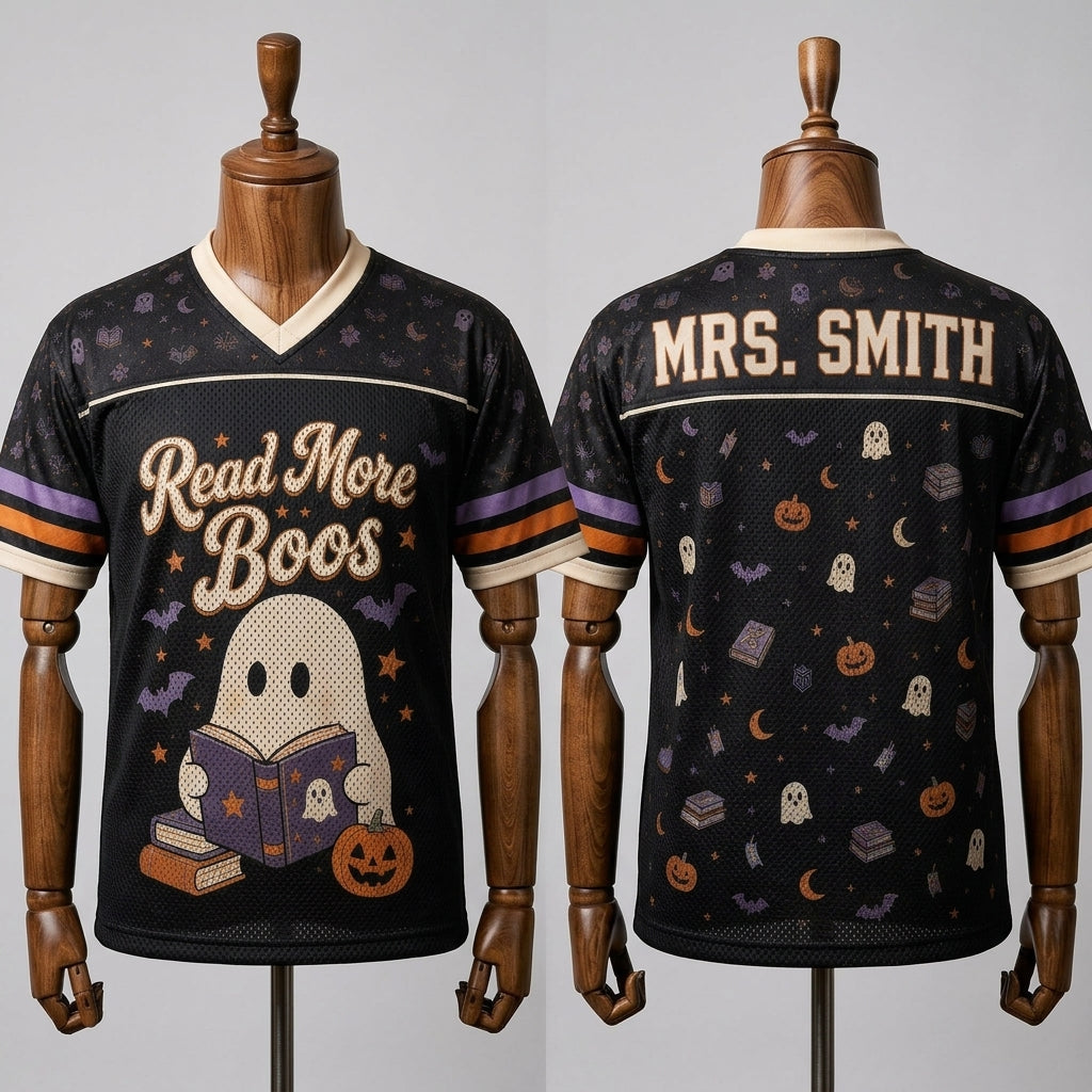 Personalized Read More Boos Halloween Football Jersey - Custom Name Ghost Book Lover Sporty Apparel