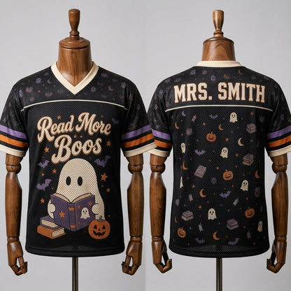 Personalized Read More Boos Halloween Football Jersey - Custom Name Ghost Book Lover Sporty Apparel
