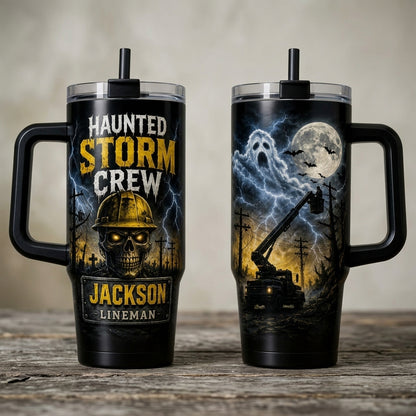 Personalized Haunted Storm Crew Lineman 40oz Tumbler with Handle, Custom Name Utility Worker Gift
