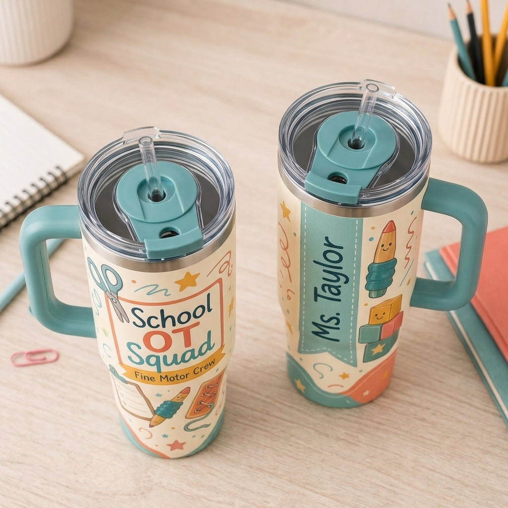 Personalized School OT Squad 40oz Tumbler with Handle, Custom Name Occupational Therapist Gift, Fine Motor Crew Travel Mug