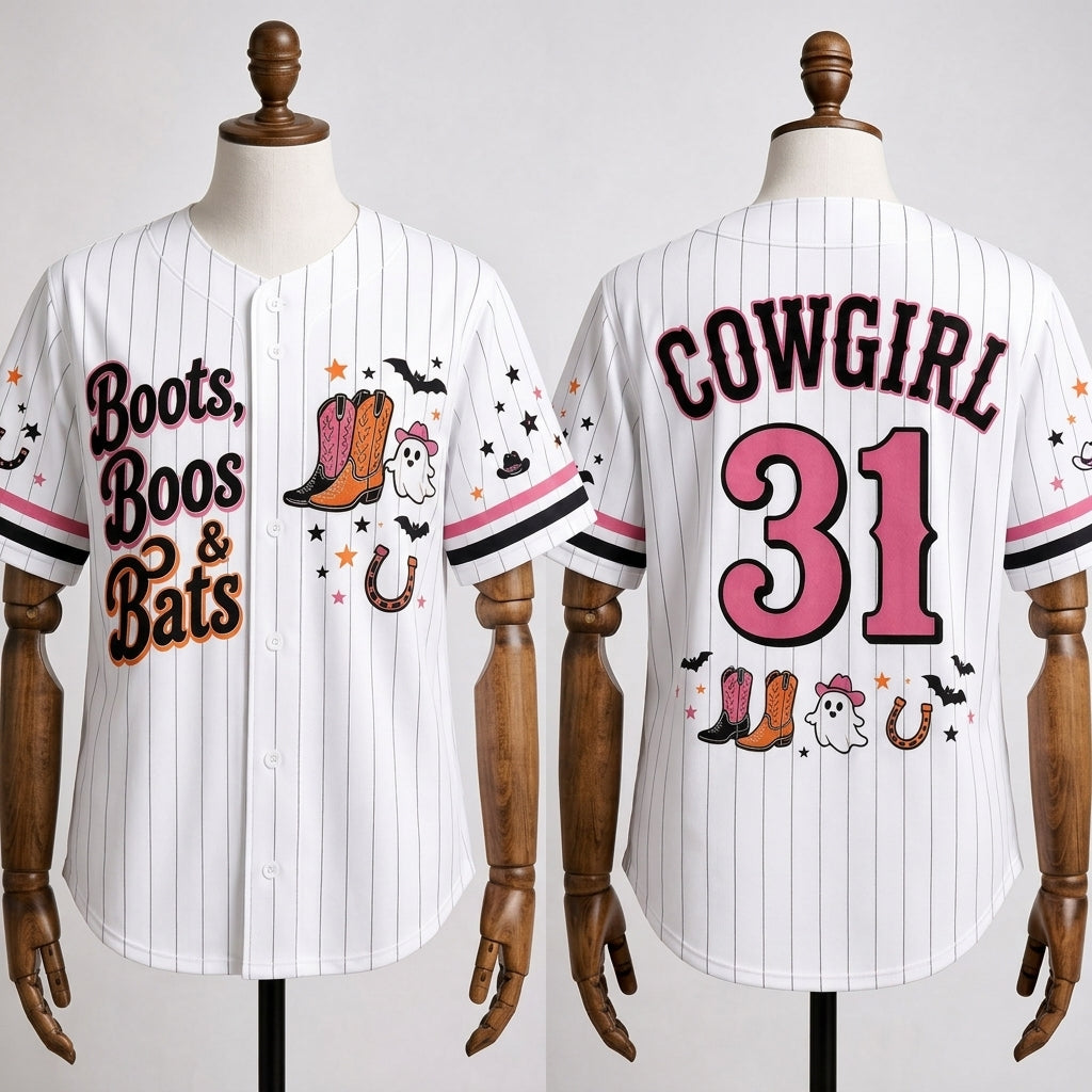 Personalized Boots Boos & Bats Halloween Baseball Jersey - Custom Cowgirl Ghost Western Baseball Shirt