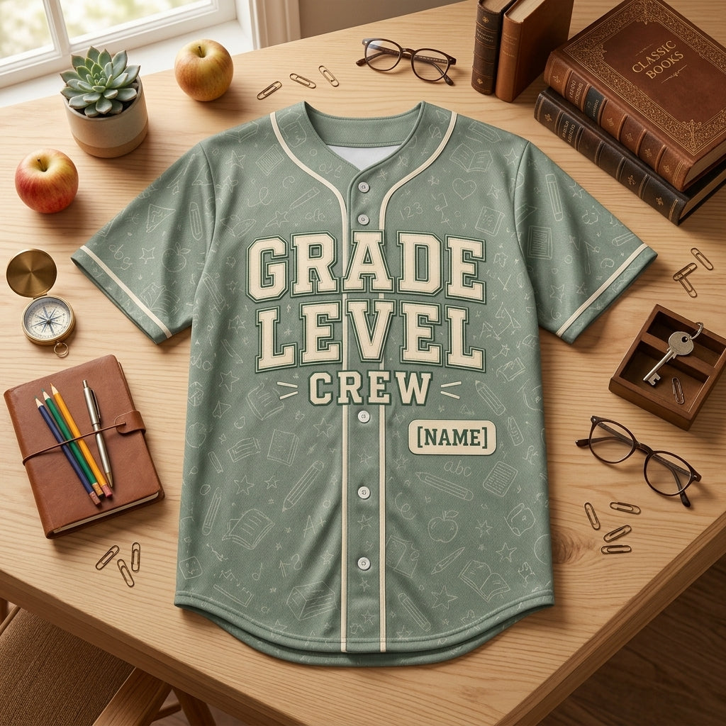 Personalized Grade Level Crew Baseball Jersey - Custom Teacher School Spirit Shirt with Name and Number - Sage Green
