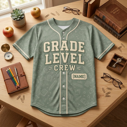 Personalized Grade Level Crew Baseball Jersey - Custom Teacher School Spirit Shirt with Name and Number - Sage Green
