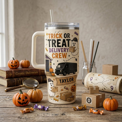 Personalized Trick or Treat Delivery Crew 40oz Tumbler with Handle Custom Name Ghost Express Halloween Gift for Drivers