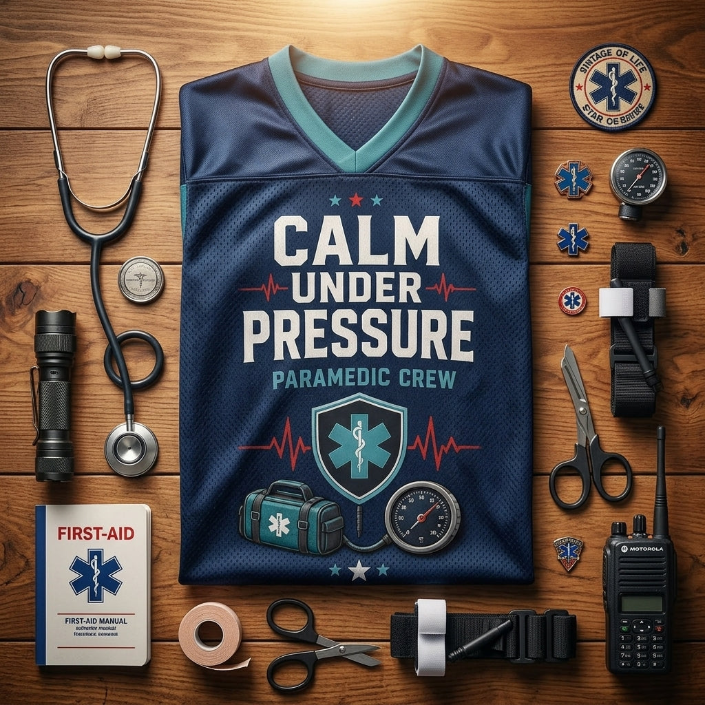 Personalized Paramedic Crew Football Jersey - Custom Name Calm Under Pressure Mesh Sportswear for EMS First Responders