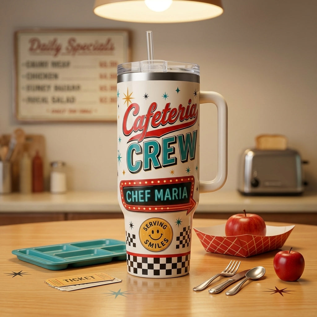 Personalized Cafeteria Crew 40oz Tumbler with Handle - Custom Name School Lunch Lady Gift