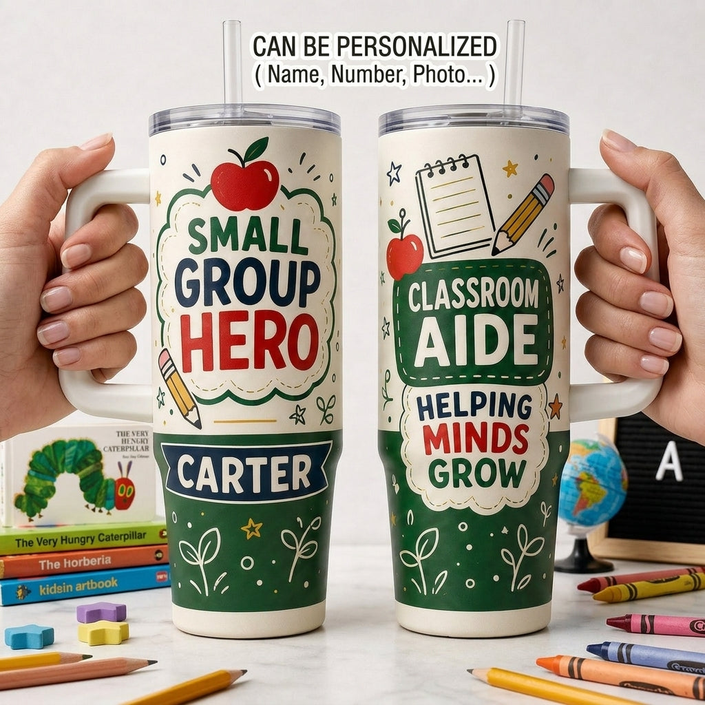 Personalized Classroom Aide 40oz Tumbler with Handle - Custom Name Small Group Hero Teacher Assistant Gift