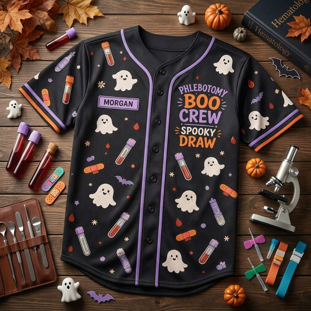 Personalized Phlebotomy Boo Crew Halloween Baseball Jersey - Custom Name Phlebotomist Spooky Draw Gift