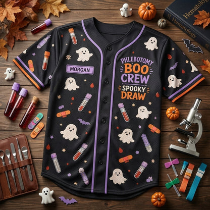 Personalized Phlebotomy Boo Crew Halloween Baseball Jersey - Custom Name Phlebotomist Spooky Draw Gift